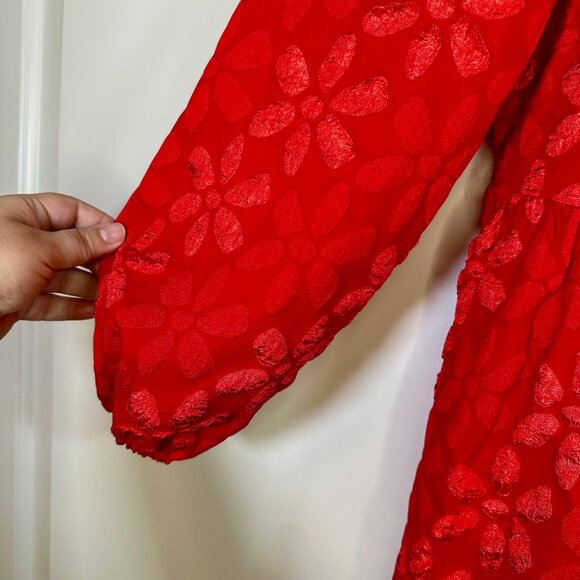 Red Bow Front Long Sleeve Floral Print Balloon Sleeve Baby-doll Dress 0XL - Picture 8 of 12